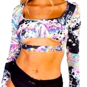 Rave, festival, Vegas, party crop long sleeve multicolor underboob women’s shirt